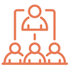 Line drawing icon of a person at the top with lines down to a row of 3 people at the bottom, implying the person at the top is managing the team below them