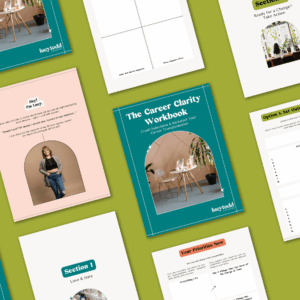 Green background with individual pages of the career transformation guide, The Career Clarity Workbook