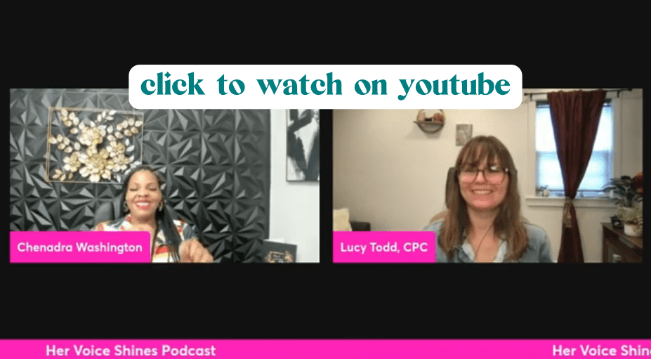 A two-panel view of a live video podcast; Chenadra Washington laughs while speaking in front of a sculptured black wall with gold floral display, while Lucy Todd laughs in response, sitting in front of a white wall with shelves and a window with red curtain panel