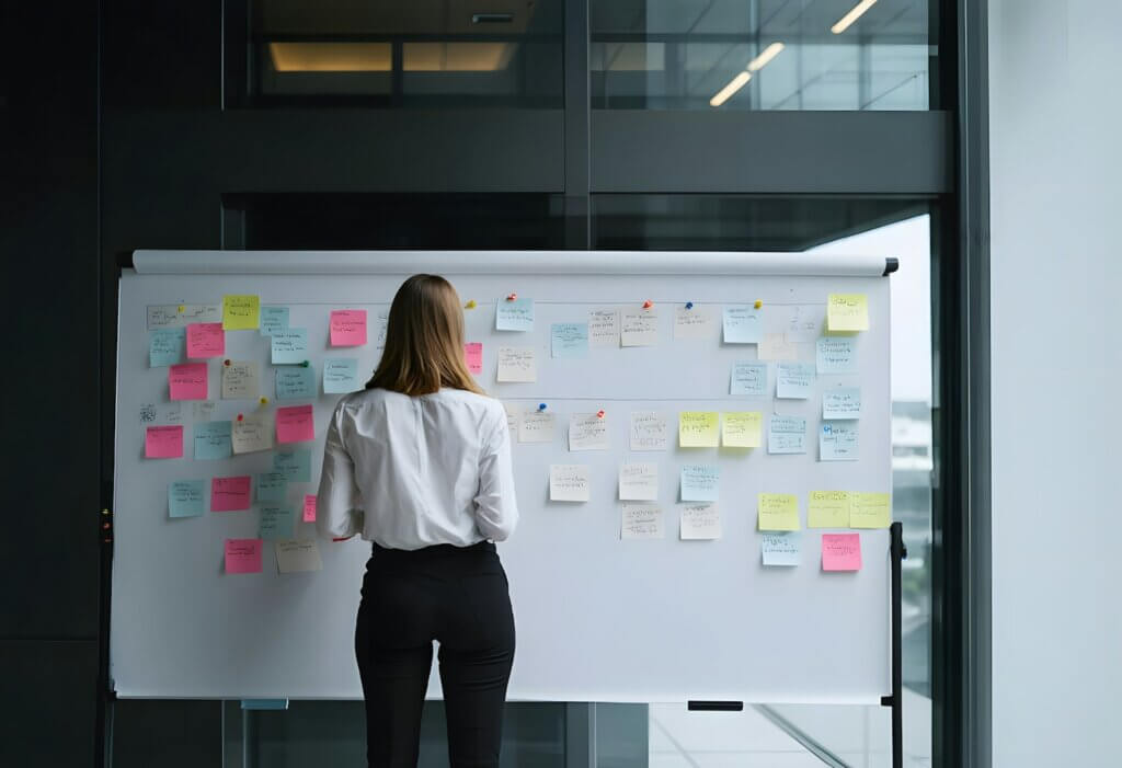 a white feminine-presenting person wearing a white long-sleeve shirt and black pants stands facing away from us, toward a whiteboard covered in sticky notes. her elbows are bent as though holding a sticky note or preparing to move one along the timeline or project planning layout on the whiteboard.