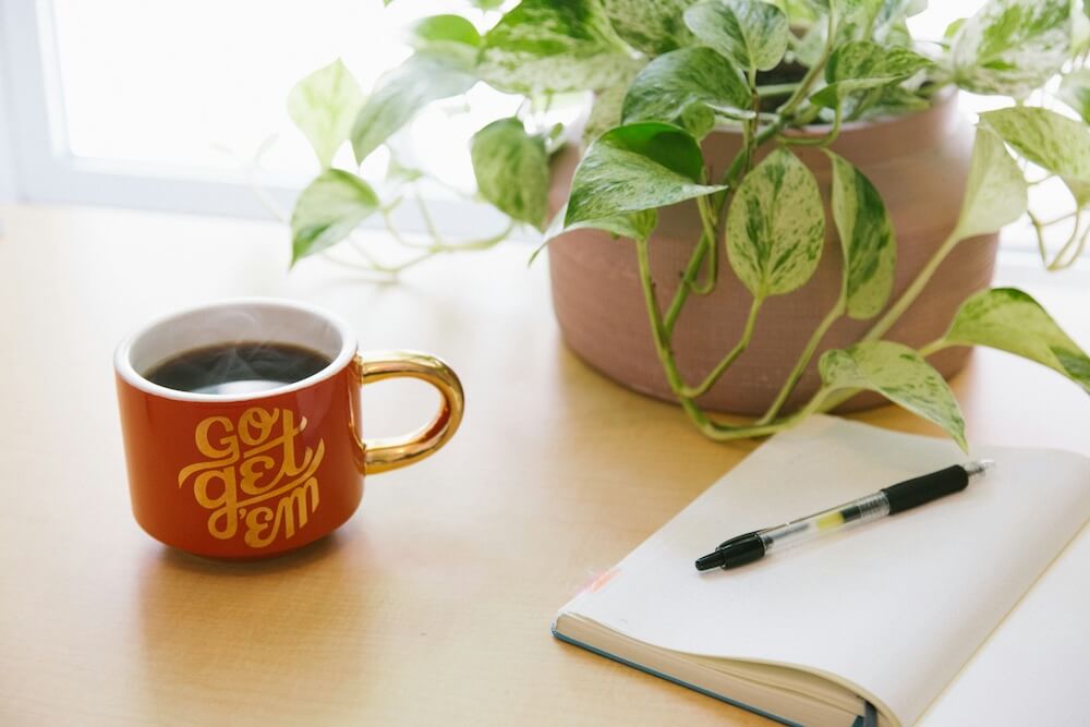 light wood desktop near a window, with a potted plant, notebook and pen, and red mug reading "go get em" in playful gold font