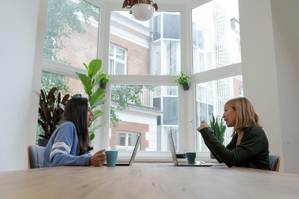 A young woman of color with chest-length straight brown hair wears a cornflower-blue sweatshirt with white stripes on the arms. She sits at a large conference table in a naturally lit white room with a large bay window, across from a white woman with shoulder-length blonde hair who wears a green cardigan. The blond woman rests her elbows on the table and is talking enthusiastically while the other woman leans forward and listens, with an engaged expression. They both have laptops and blue coffee mugs on the table.