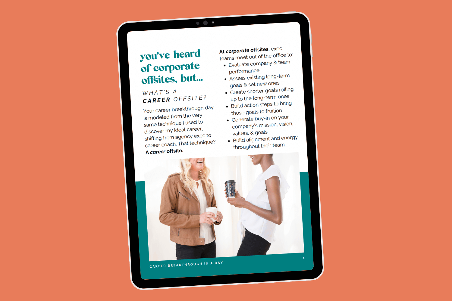 Tablet with page of ebook workbook Career Breakthrough in a Day by Lucy Todd Coaching