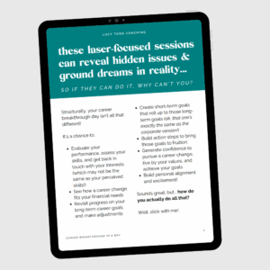Tablet with page of ebook workbook Career Breakthrough in a Day by Lucy Todd Coaching