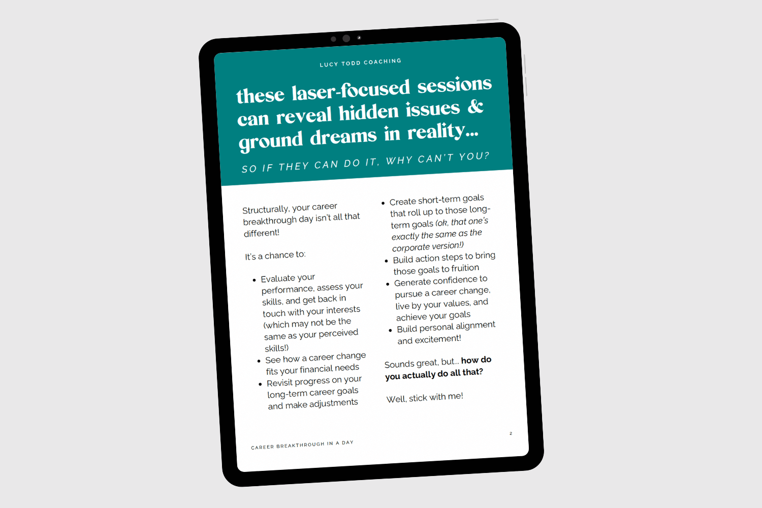 Tablet with page of ebook workbook Career Breakthrough in a Day by Lucy Todd Coaching