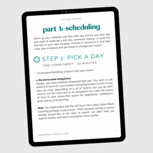Tablet with page of ebook workbook Career Breakthrough in a Day by Lucy Todd Coaching