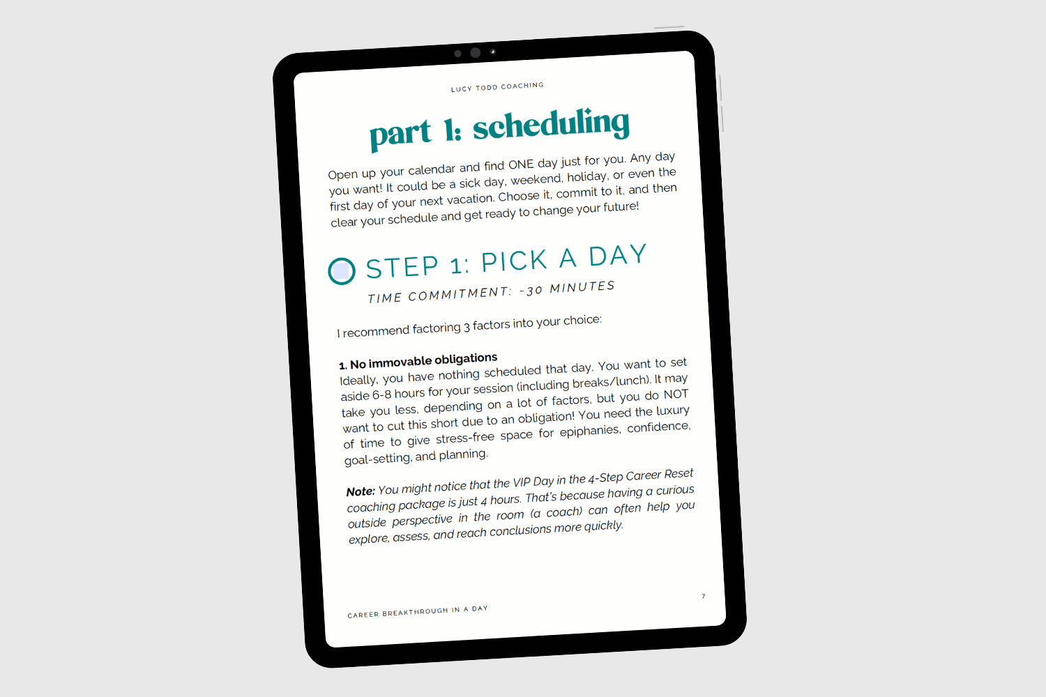Tablet with page of ebook workbook Career Breakthrough in a Day by Lucy Todd Coaching