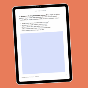 Tablet with page of ebook workbook Career Breakthrough in a Day by Lucy Todd Coaching
