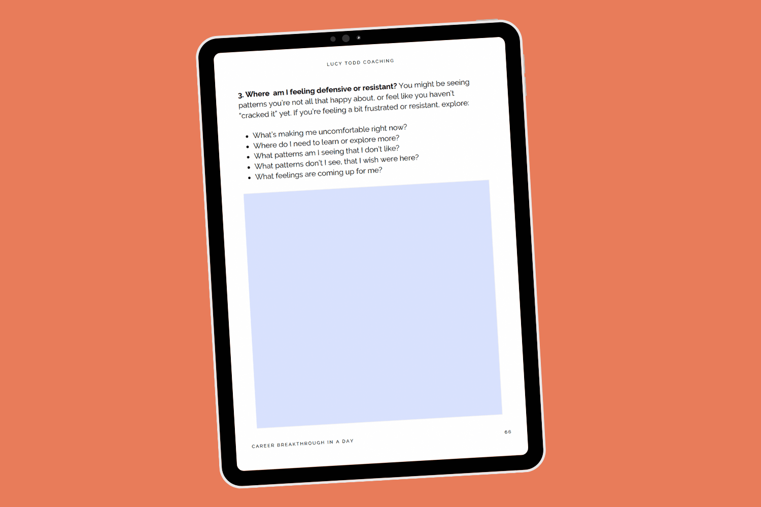 Tablet with page of ebook workbook Career Breakthrough in a Day by Lucy Todd Coaching