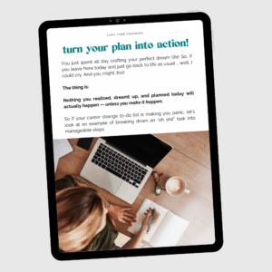 Tablet with page of ebook workbook Career Breakthrough in a Day by Lucy Todd Coaching