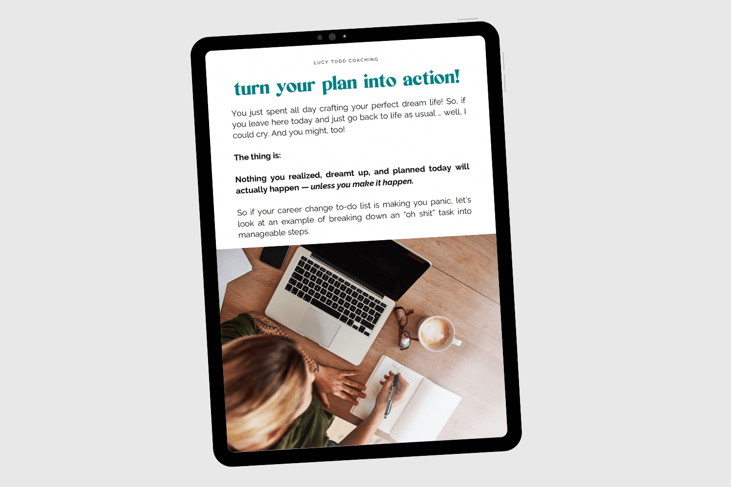 Tablet with page of ebook workbook Career Breakthrough in a Day by Lucy Todd Coaching