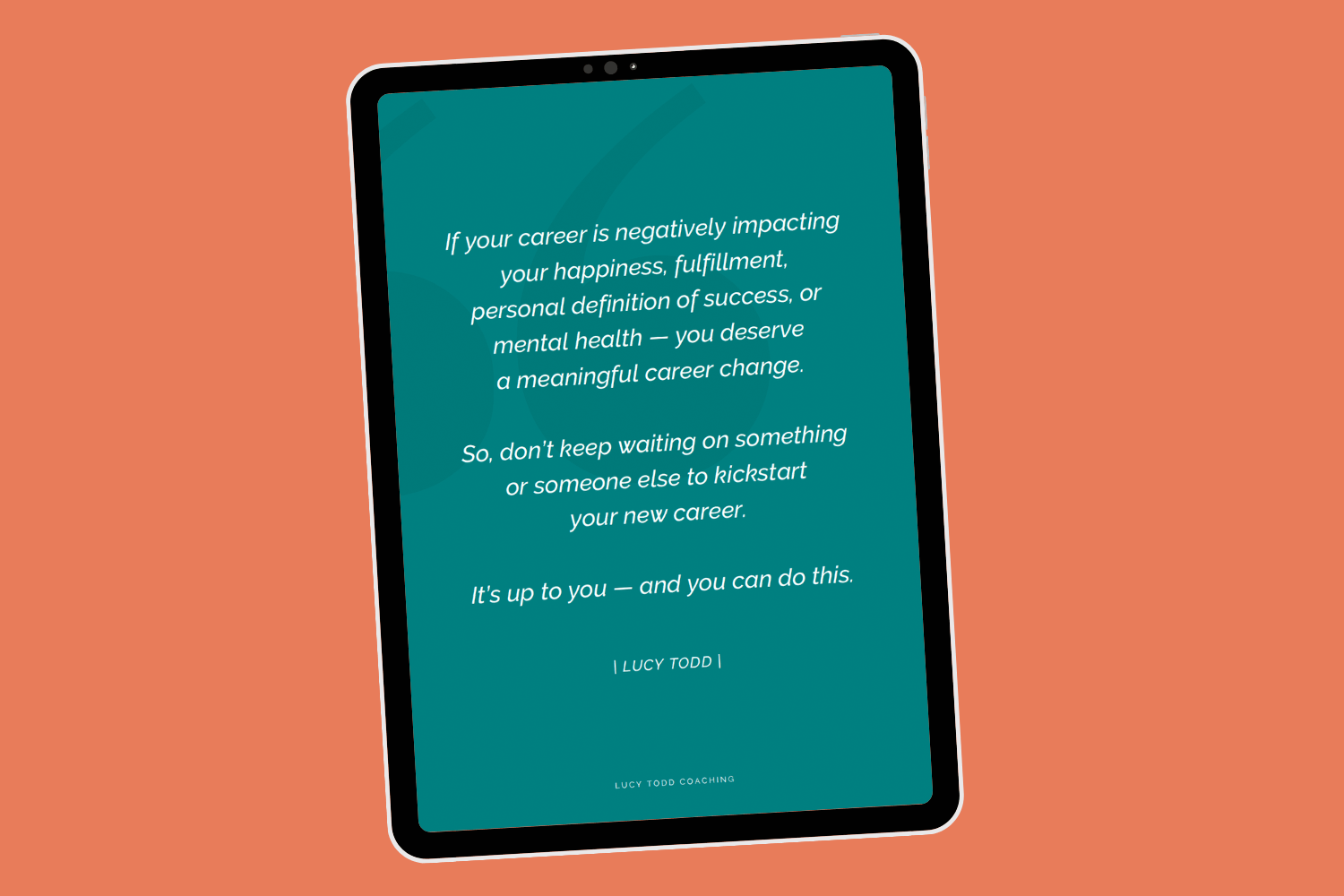 Tablet with page of ebook workbook Career Breakthrough in a Day by Lucy Todd Coaching