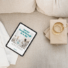 A beige linen couch with white waffle throw blanket, stack of notebooks, and a clear glass mug alongside a black tablet. On the tablet screen is an ebook workbook by Lucy Todd Coaching: Career Breakthrough in a Day, the career offsite planning guide for solo career transition planning