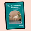 Tablet with page of ebook career transition guide Career Clarity Workbook by Lucy Todd Coaching, featuring the cover with a photo of a white chair and coffee table in a pink room with plants, and a laptop on the table
