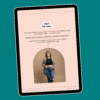 Tablet with page of ebook career transition guide Career Clarity Workbook by Lucy Todd Coaching, featuring a pink page and a photo of Lucy standing with hands in pockets of dark ripped skinny jeans, also wearing a beige cardigan and black cropped tank top. Lucy has bangs, shoulder-length light brown hair, and glasses, and she smiles widely.