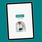 Tablet with page of ebook career transition guide Career Clarity Workbook by Lucy Todd Coaching, which reads "Section 1: Love & Hate" and features an image of a Black woman with white cardigan and teal dress sitting outside with a laptop on her lap, working