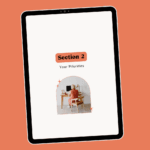 Tablet with page of ebook career transition guide Career Clarity Workbook by Lucy Todd Coaching. The title of the page is "Section 2: Your Priorities" featuring a photo of a young white blonde woman in an orange dress facing away from us, sitting at a desk working on her computer in a naturally-lit white home office space