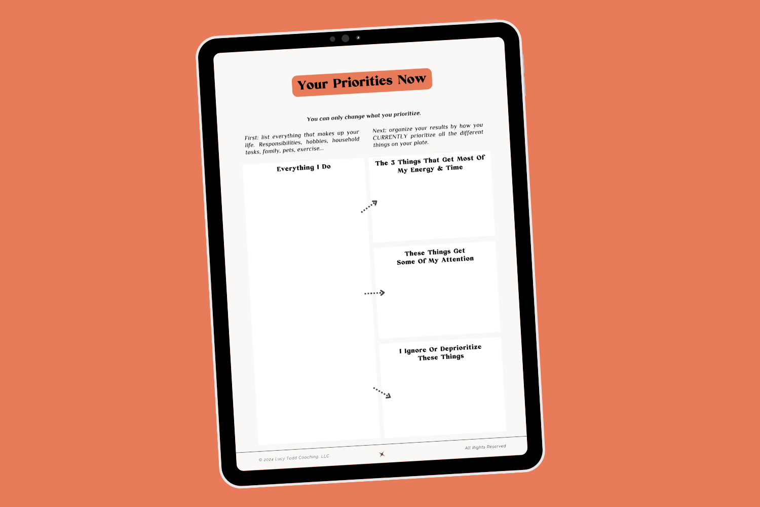 Tablet with page of ebook career transition guide Career Clarity Workbook by Lucy Todd Coaching. The title of the page is "Your Priorities Now" and there are several blank white boxes for customers to enter their own answers if they purchase the workbook