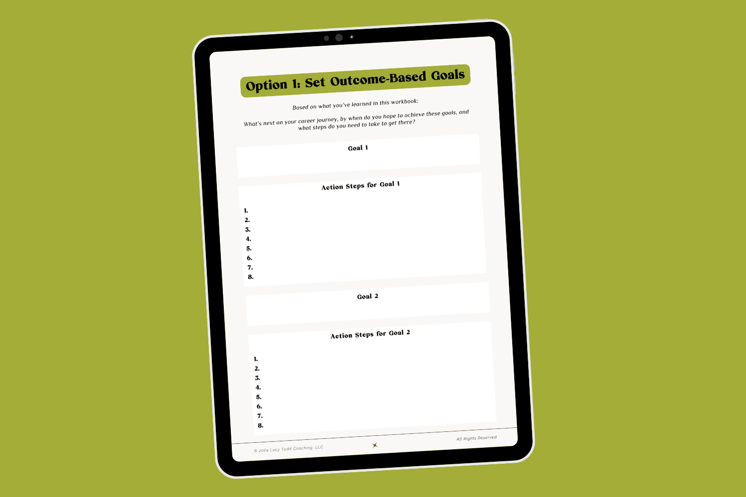 Tablet with page of ebook career transition guide Career Clarity Workbook by Lucy Todd Coaching. The page is titled "Option 1: Set Outcome-Based Goals" and features blank white boxes for customers to fill in their own goals and action steps