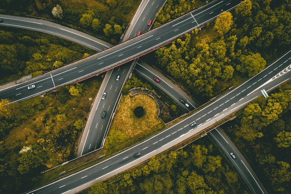 An aerial view of several criss-crossing bridges and roads among yellow-hued trees, representing the many possible paths and roads your passions may take you.